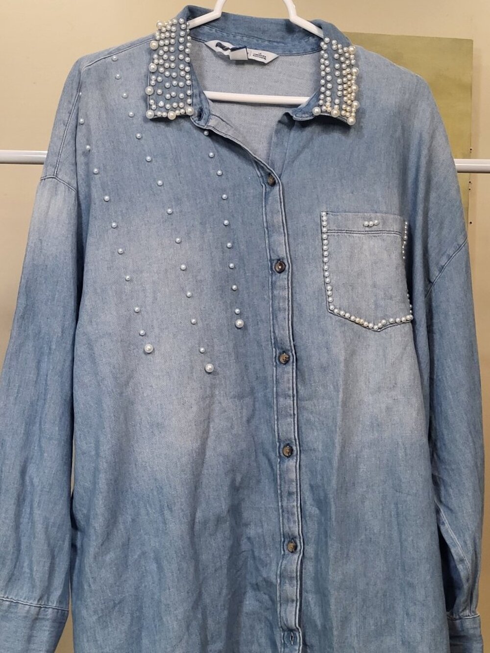 Stunning Denim Shirt with Full Pearl Detailed Denim Button Down Medium Wash